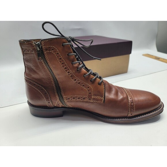 Johnston & Murphy WARNER Cap Toe Zip Boots Dark Tan Full Grain Leather Sheepskin